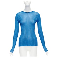 CELINE Phoebe Philo blue semi sheer viscose bateau neck ribbed sweater L
