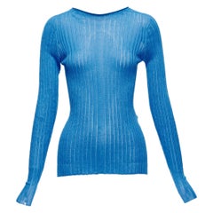 CELINE Phoebe Philo Blauer halbtransparenter Viskose Pullover mit geripptem Ausschnitt L