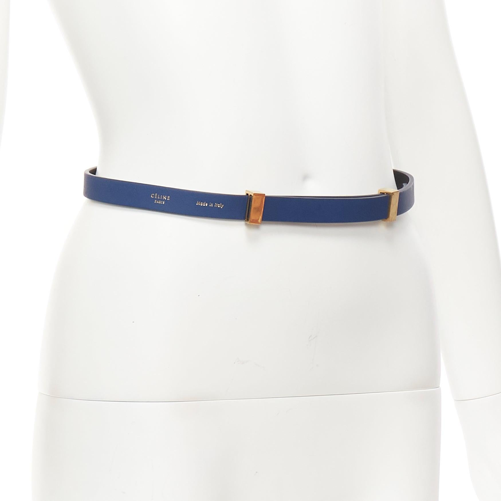 CELINE Phoebe Philo blue smooth leather gold metal bar skinny belt XS In Good Condition For Sale In Hong Kong, NT