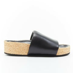 CELINE PHOEBE PHILO Boxy black padded leather thick band jute sole slides EU38