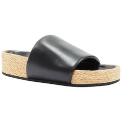 CELINE PHOEBE PHILO Boxy black padded leather thick band jute sole slides EU38