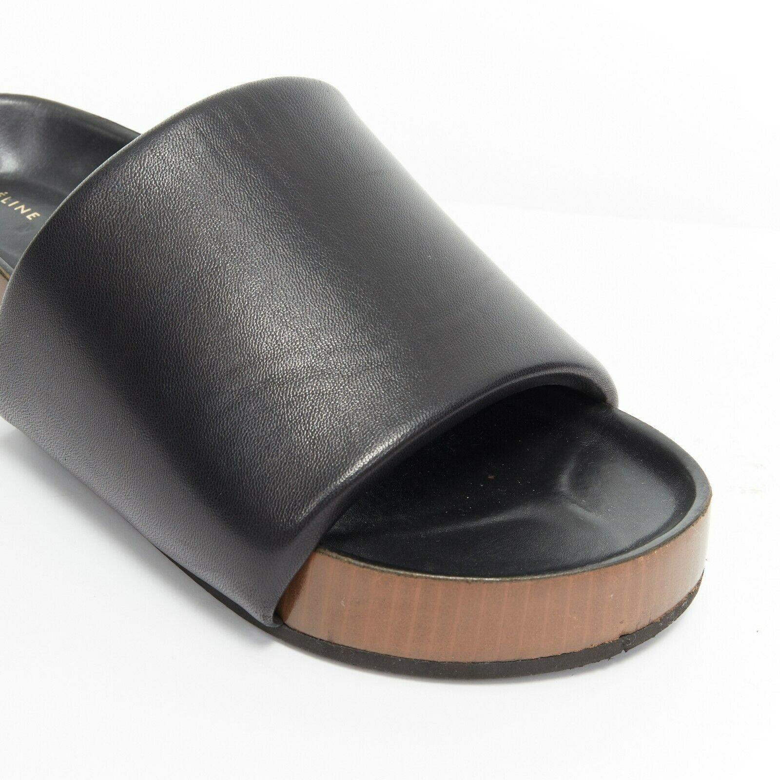 CELINE PHOEBE PHILO Boxy black padded leather thick band thick sole slides EU37 4