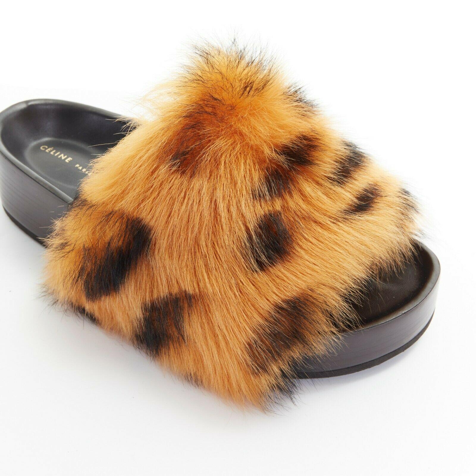 Women's CELINE PHOEBE PHILO Boxy leopard print faux fur open toe chunky slide EU37