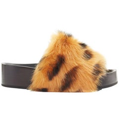 CELINE PHOEBE PHILO Boxy leopard print faux fur open toe chunky slide EU37