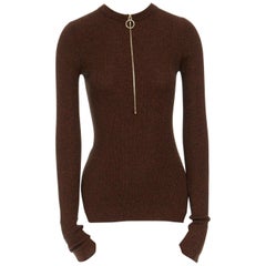 CELINE PHOEBE PHILO brown silk cashmere blend ribbed zip front fitted sweater S