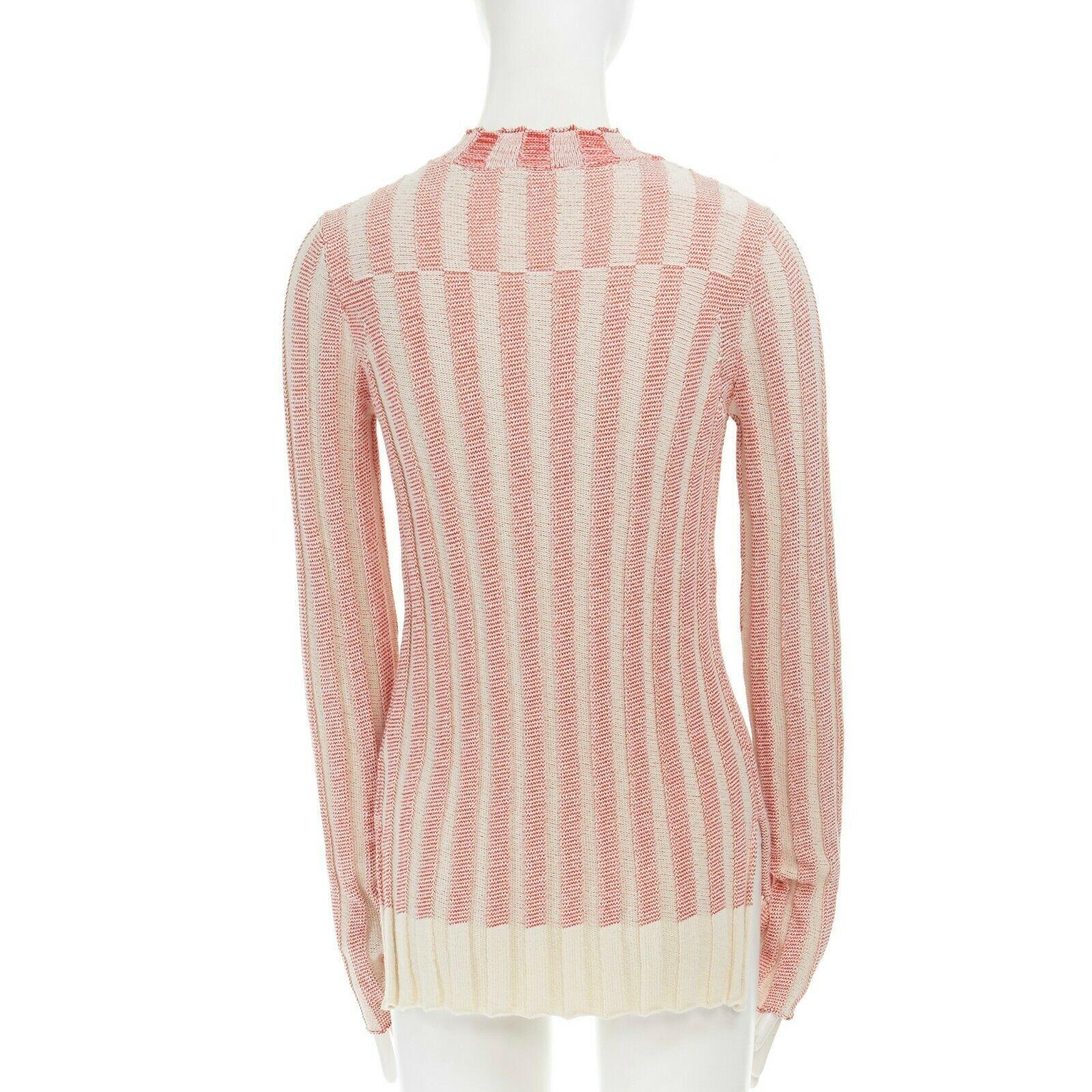 Beige CELINE PHOEBE PHILO cotton blend red beige stripe ribbed knit sweater top M