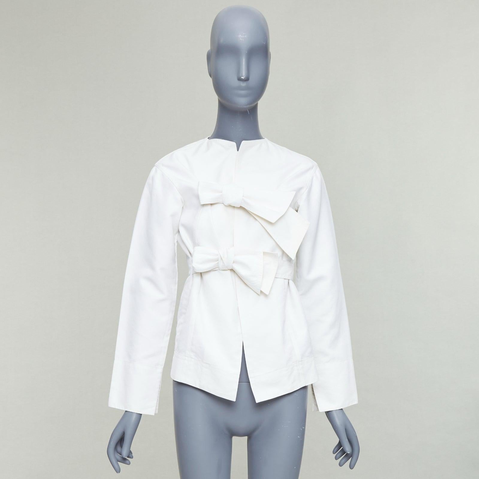 CELINE Phoebe Philo cream cotton silk tie front straight jacket FR36 S For Sale 5