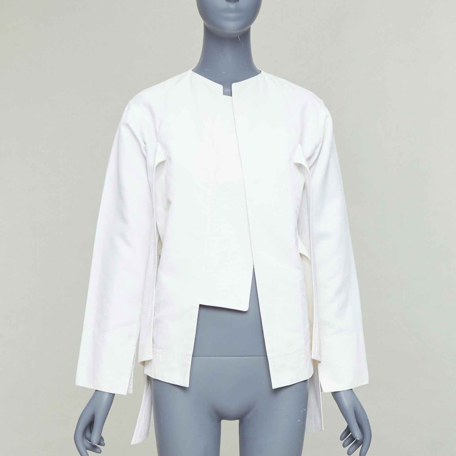 Gray CELINE Phoebe Philo cream cotton silk tie front straight jacket FR36 S For Sale