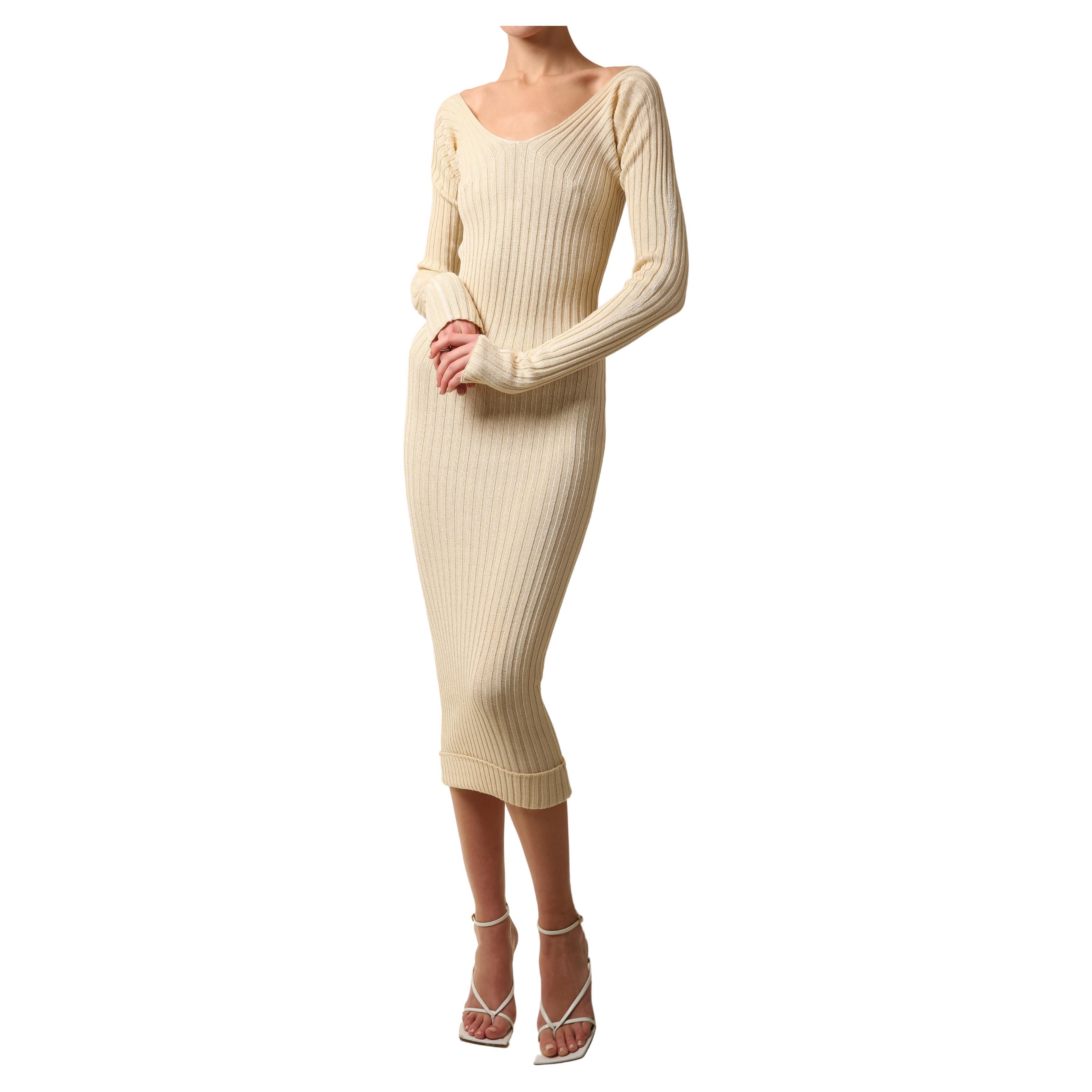 Celine Phoebe Philo cream ribbed stretch body con knitted sweater midi dress