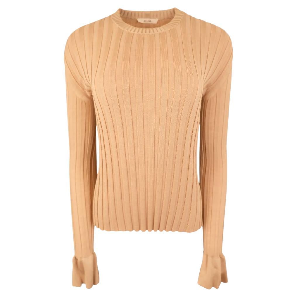 CELINE Phoebe Philo Era AW 2015 Beige Rib Knit Sweater Top with Flared Sleeve For Sale