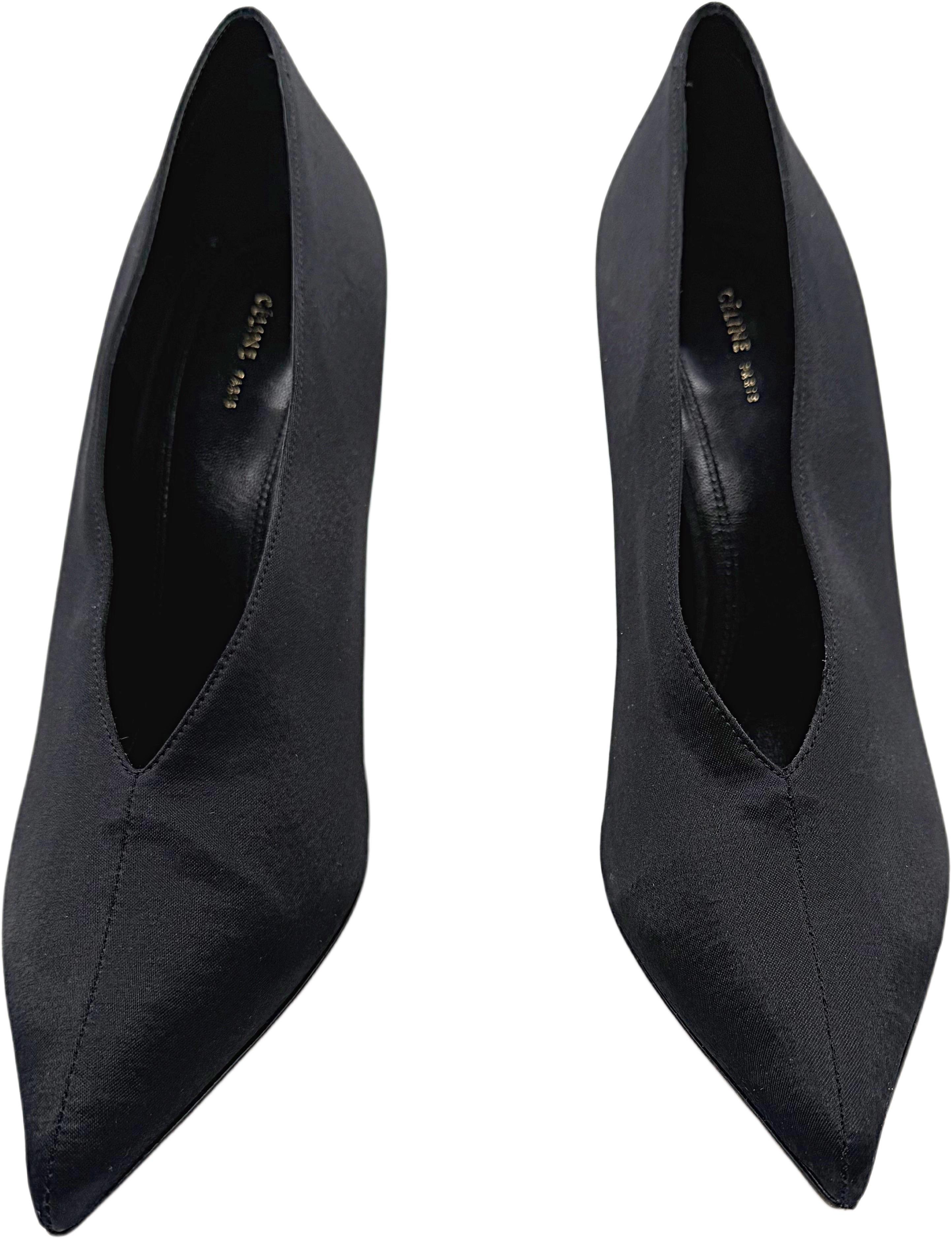 Celine Phoebe Philo Fall 2016 38.5 V-Neck Black Silk Pointy Toe High Heels Shoes For Sale 1