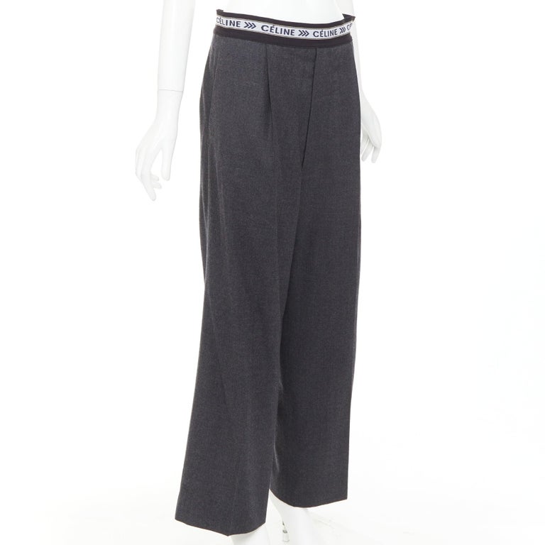 CELINE Phoebe Philo grey wool logo waistband wide leg trousers