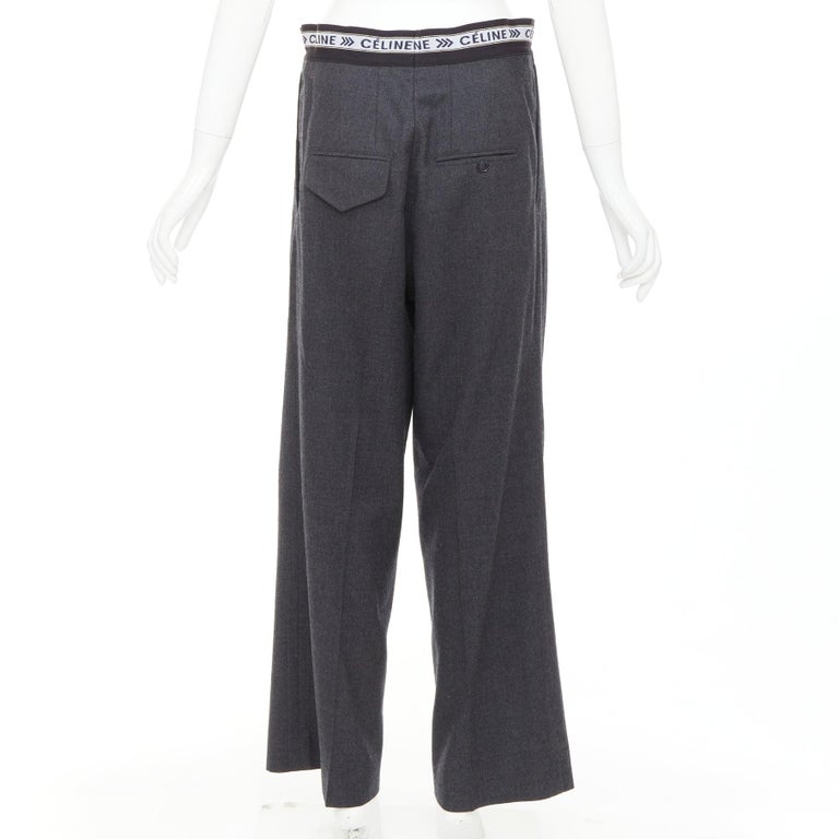 CELINE Phoebe Philo grey wool logo waistband wide leg trousers