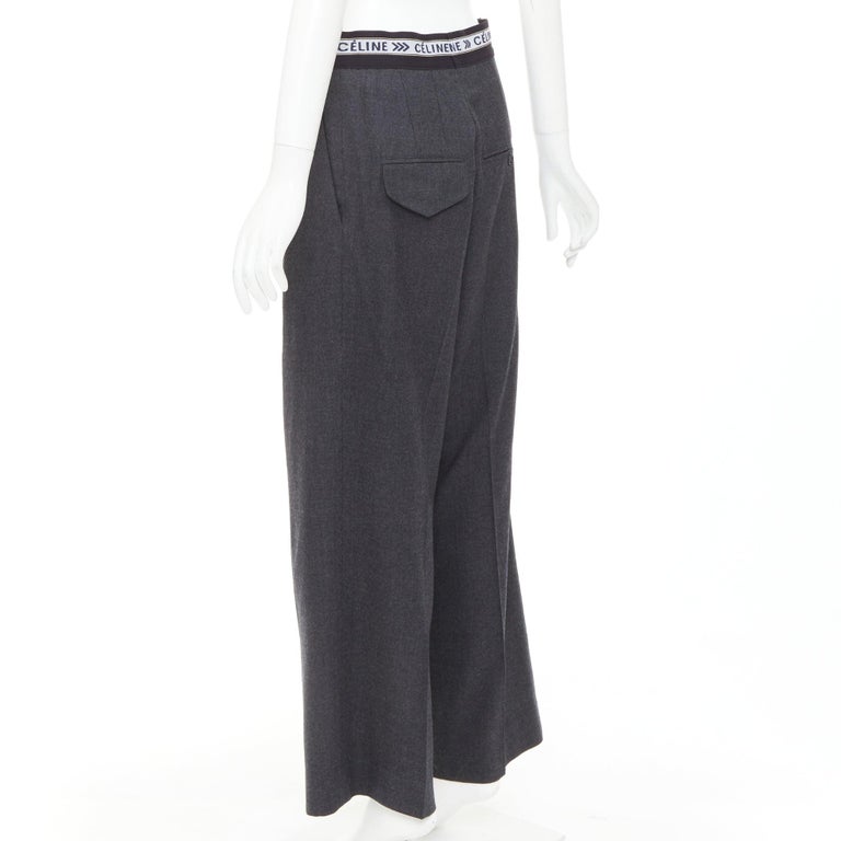 CELINE Phoebe Philo grey wool logo waistband wide leg trousers