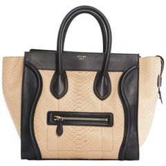 CELINE PHOEBE PHILO Luggage Tote Small beige python black leather trim bag