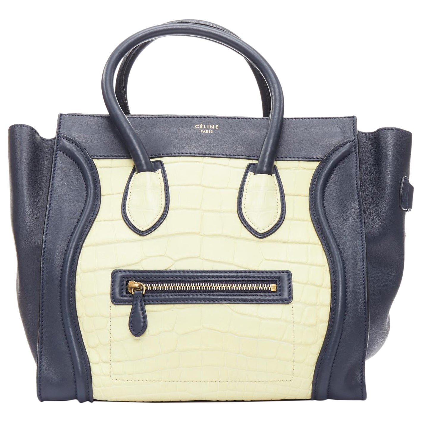 CELINE Phoebe Philo Medium Luggage creme-schwarz geprägte Tote Bag im Angebot