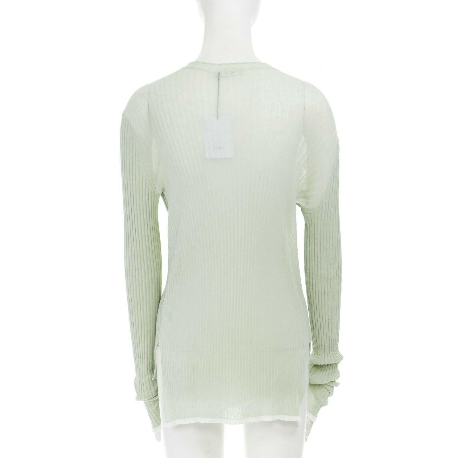 Gray CELINE PHOEBE PHILO mint green ribbed sheer back step hem sweater top M