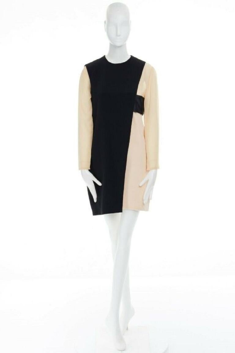 Beige Celine Phoebe Philo nude black asymmetric silk layered sleeve shift dress FR38 en vente