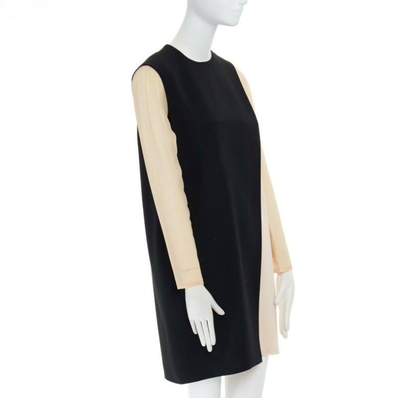 Beige CELINE Phoebe Philo nude black asymmetric layered silk sleeve shift dress FR38 For Sale