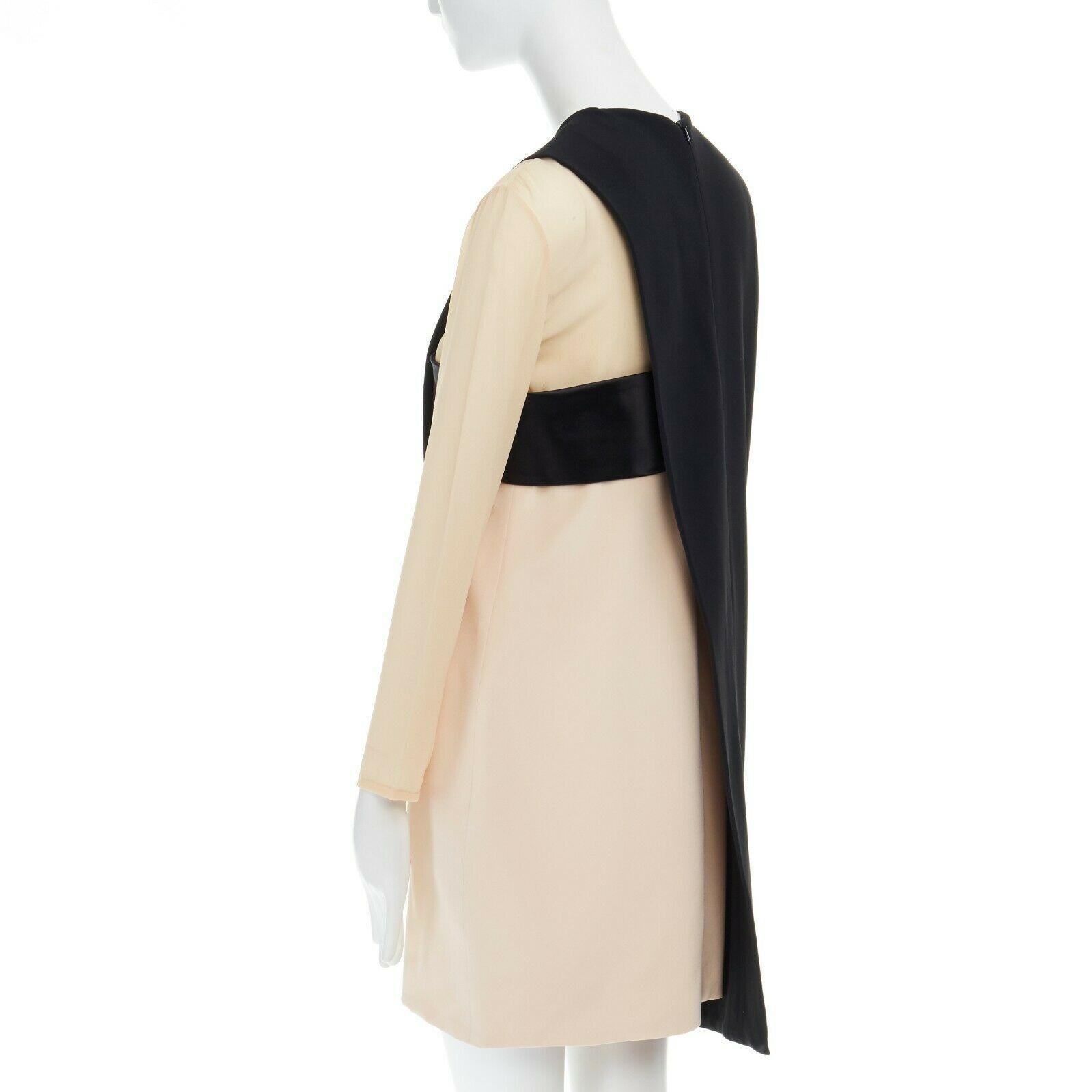 Beige CELINE PHOEBE PHILO nude black asymmetric layered silk sleeve shift dress FR38