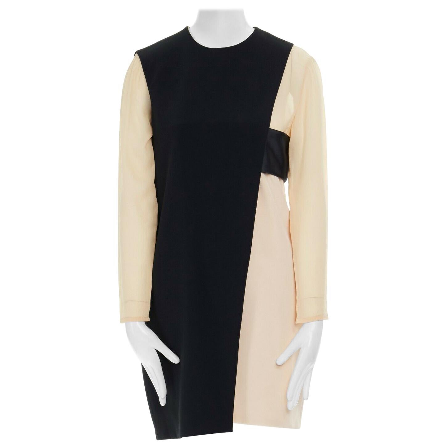 CELINE PHOEBE PHILO nude black asymmetric layered silk sleeve shift dress FR38