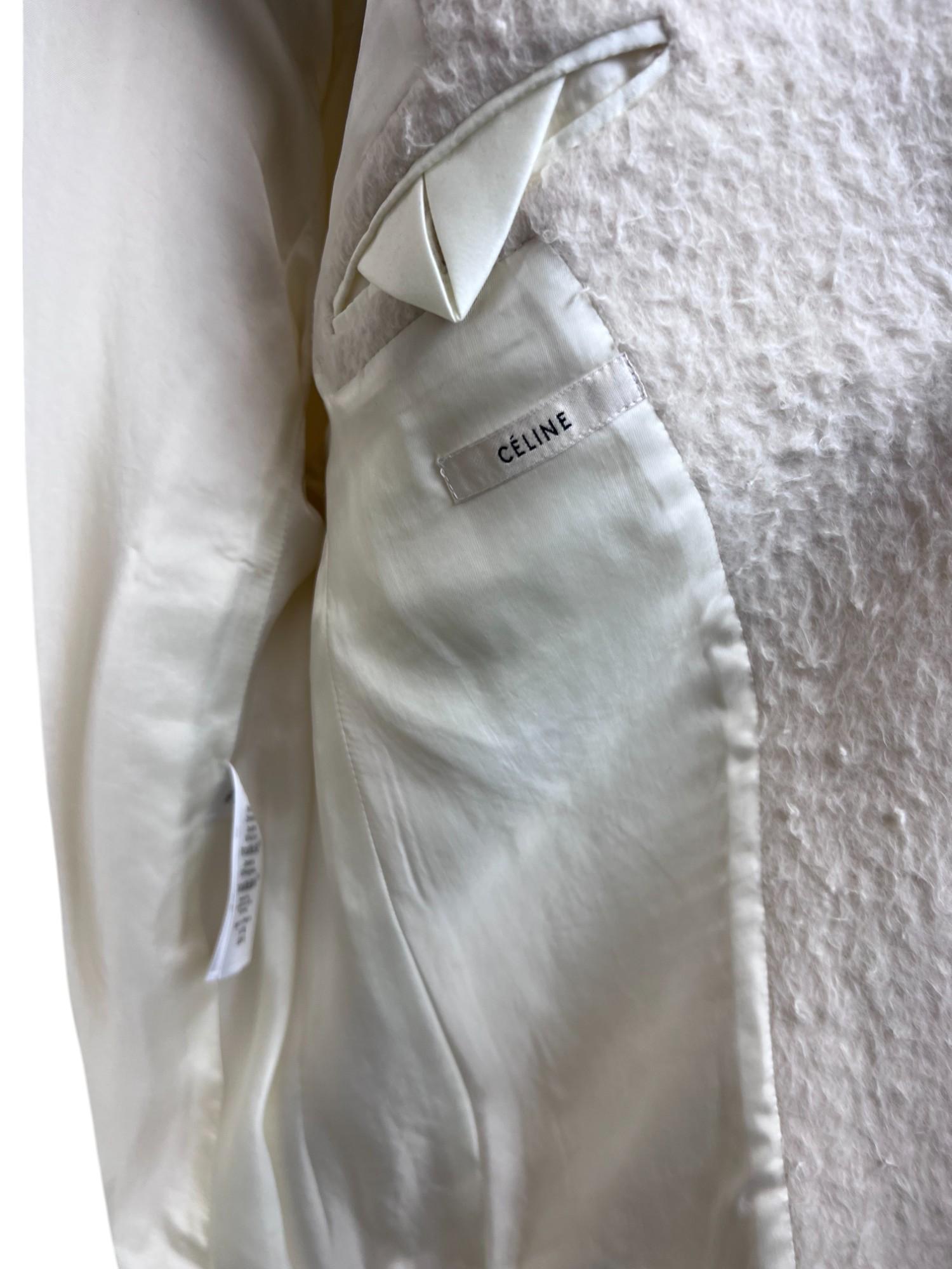 Gray CELINE Phoebe Philo Off White Alpaca Oversized Coat Black Leather Trim Sz: 34 For Sale