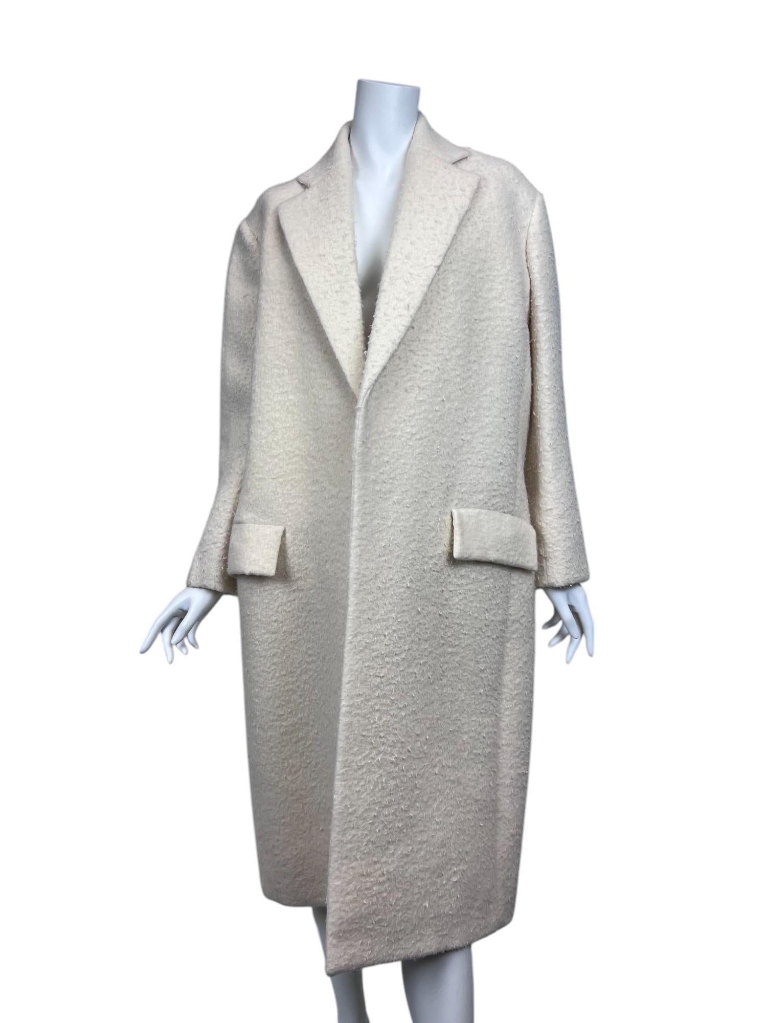 CELINE Phoebe Philo Off White Alpaca Oversized Coat Black Leather Trim Sz: 34 For Sale 1