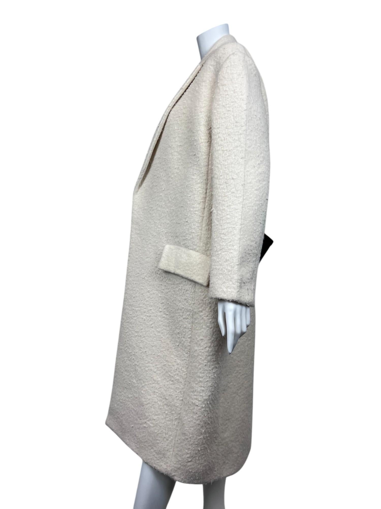 CELINE Phoebe Philo Off White Alpaca Oversized Coat Black Leather Trim Sz: 34 For Sale 2