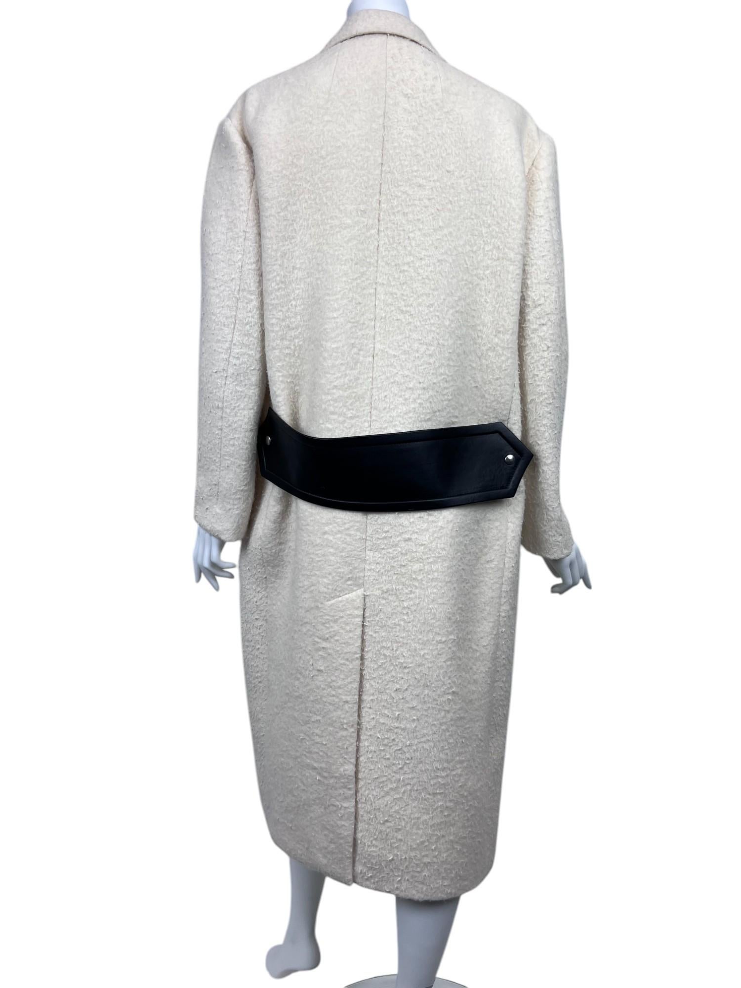 CELINE Phoebe Philo Off White Alpaca Oversized Coat Black Leather Trim Sz: 34 For Sale 3