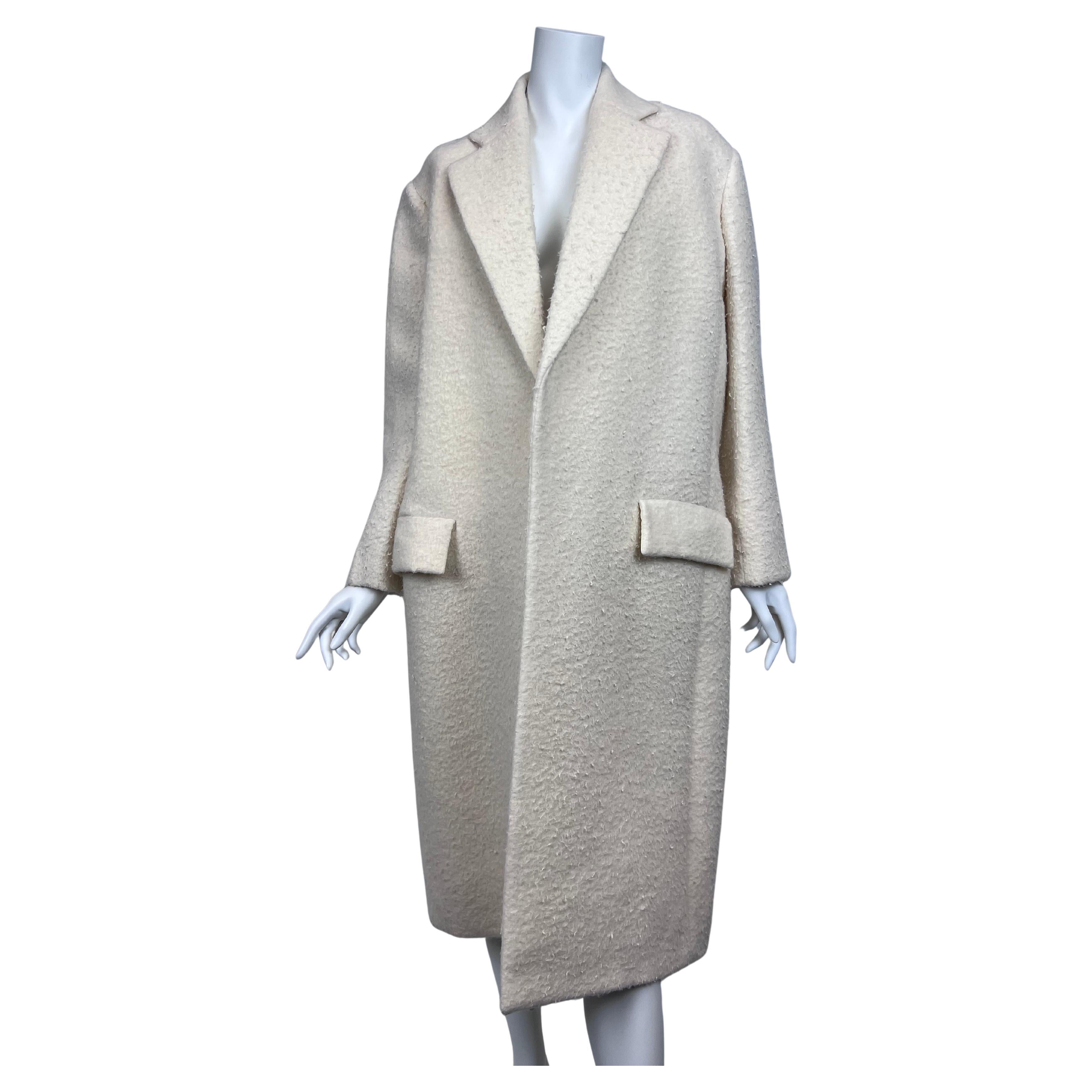 CELINE Phoebe Philo Off White Alpaca Oversized Coat Black Leather Trim Sz: 34 For Sale