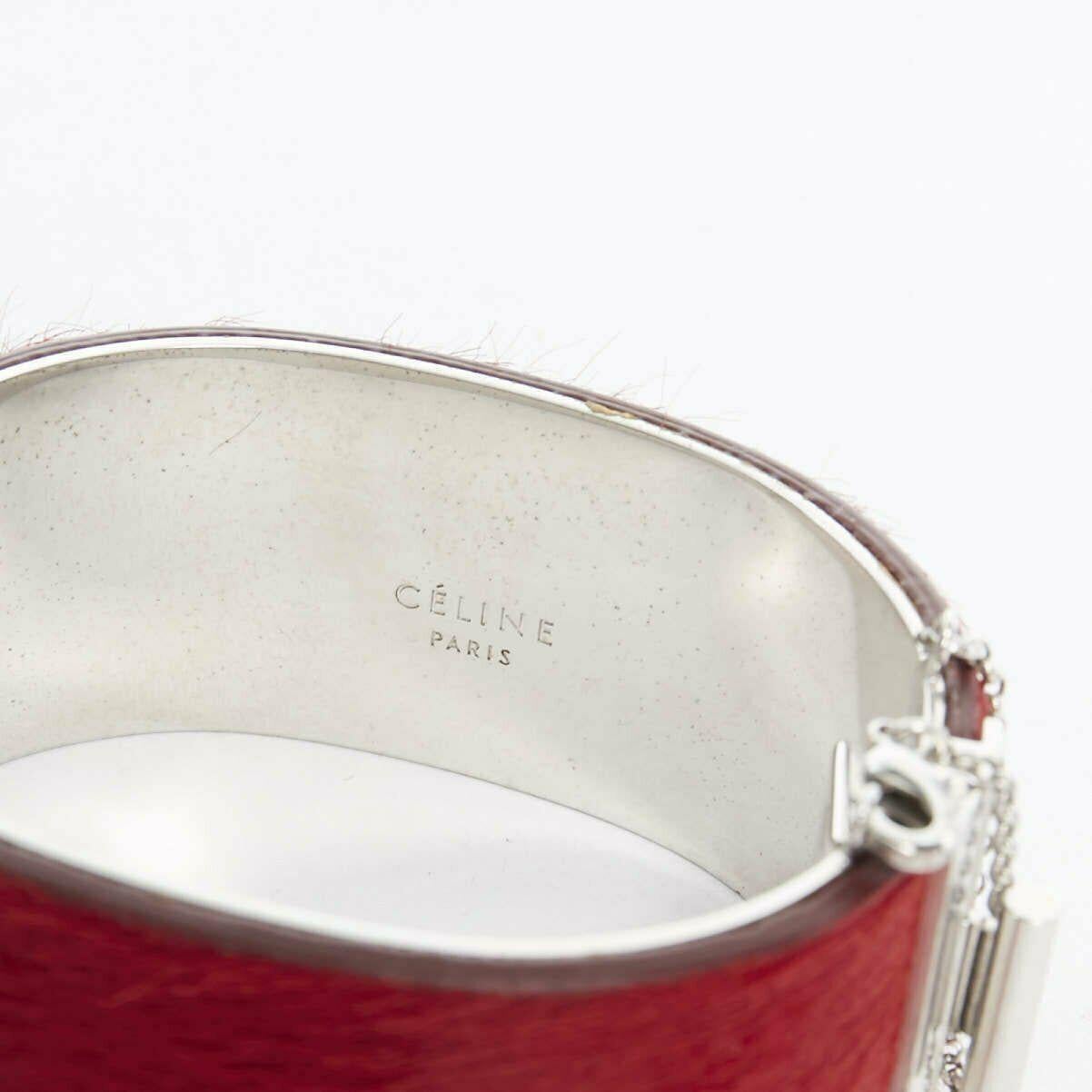 CELINE PHOEBE PHILO red horse hair leather silver hardware chained bangle cuff S In Good Condition In Hong Kong, NT