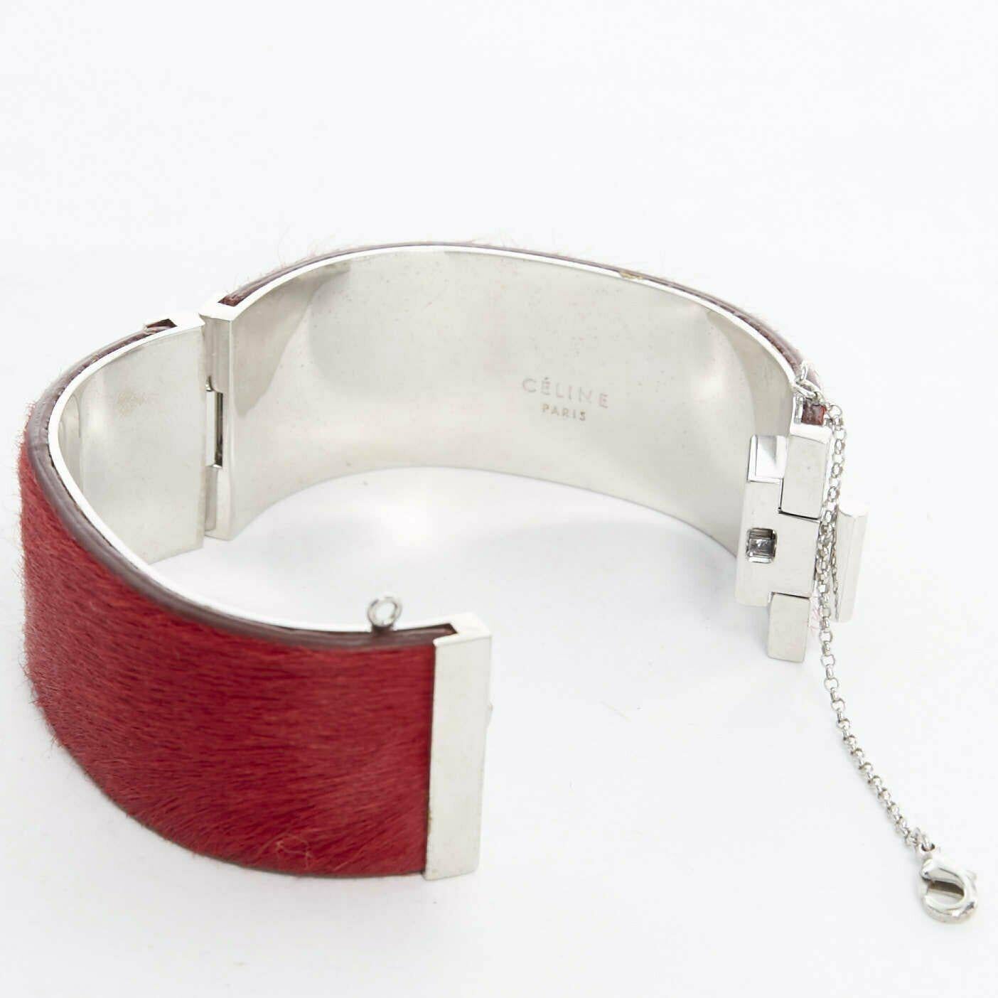 Women's CELINE PHOEBE PHILO red horse hair leather silver hardware chained bangle cuff S