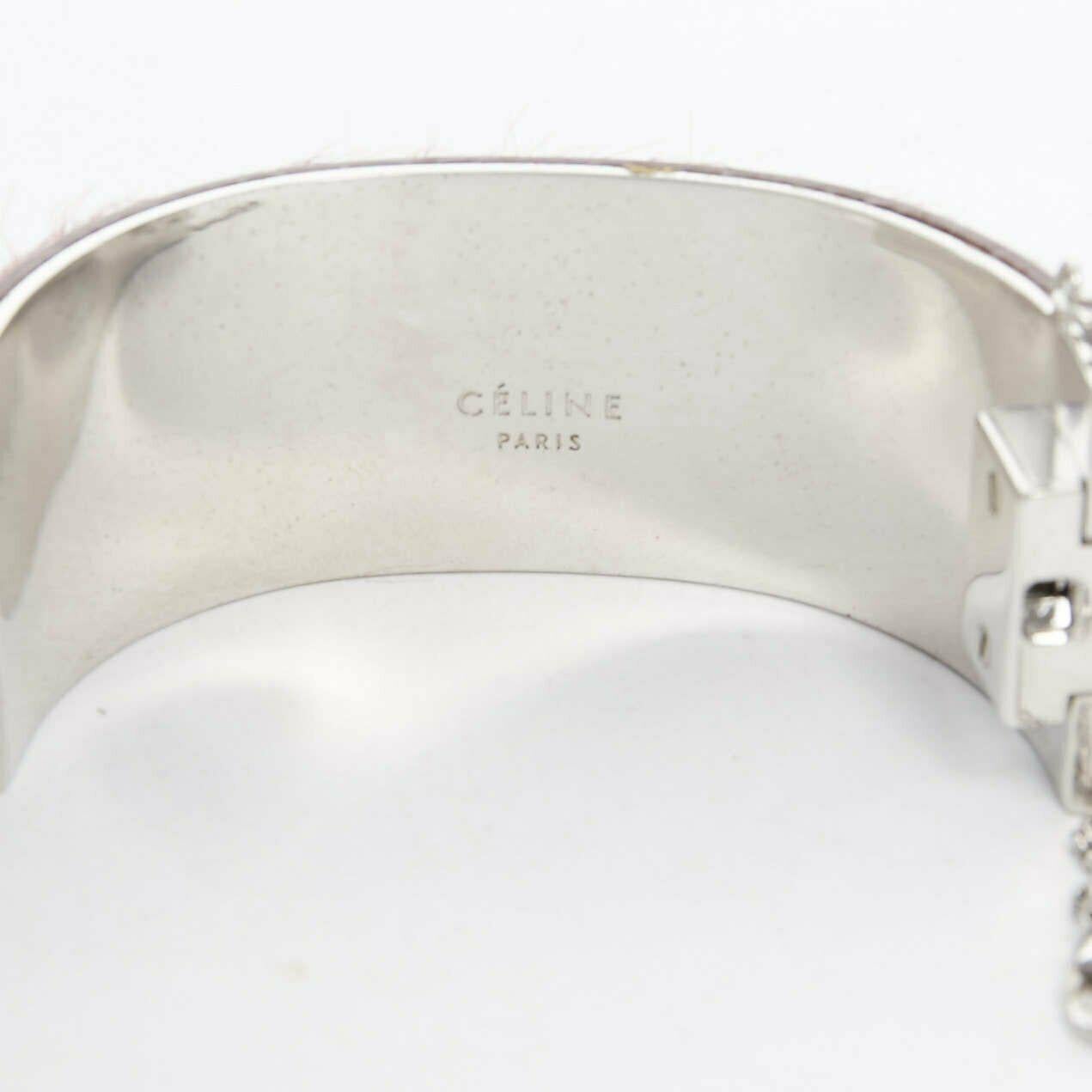 CELINE PHOEBE PHILO red horse hair leather silver hardware chained bangle cuff S 1