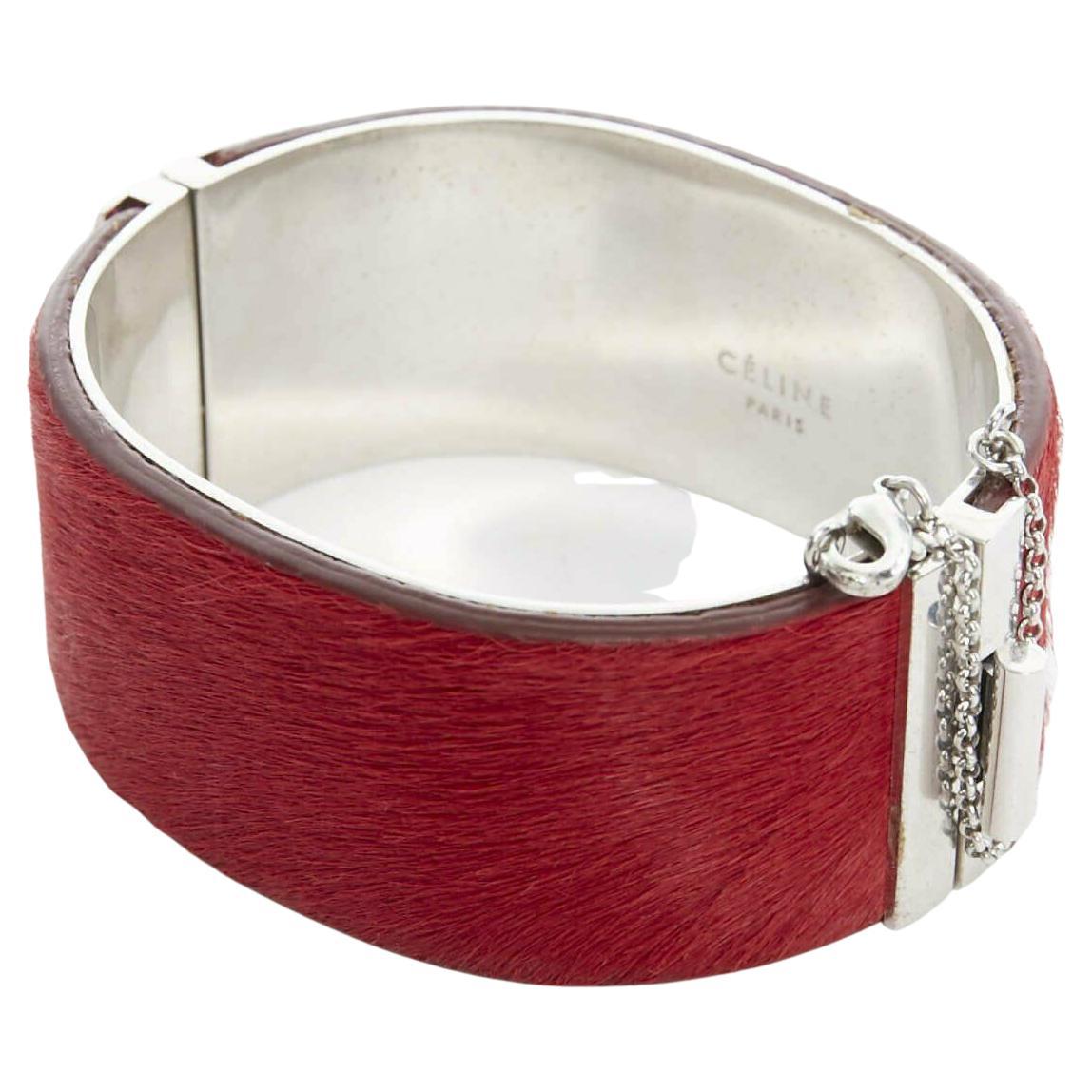 CELINE PHOEBE PHILO red horse hair leather silver hardware chained bangle cuff S