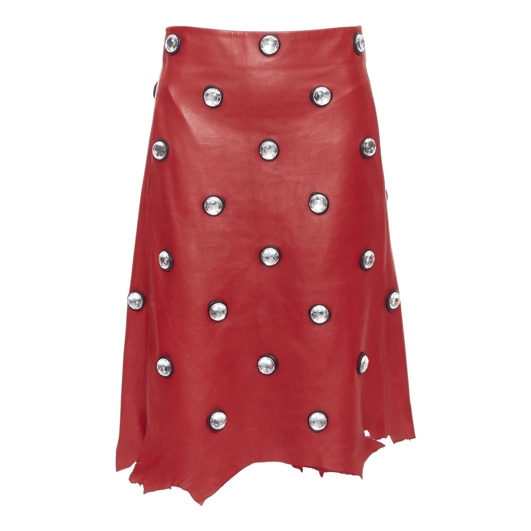 CELINE Phoebe Philo red lambskin leather acrylic stud jagged cut skirt FR34 XS