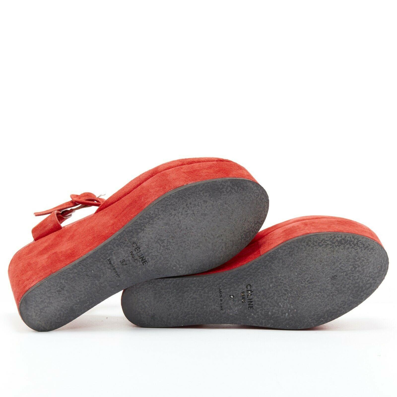 Red CELINE PHOEBE PHILO red suede sunken footbed ankle strap platform sandals EU37