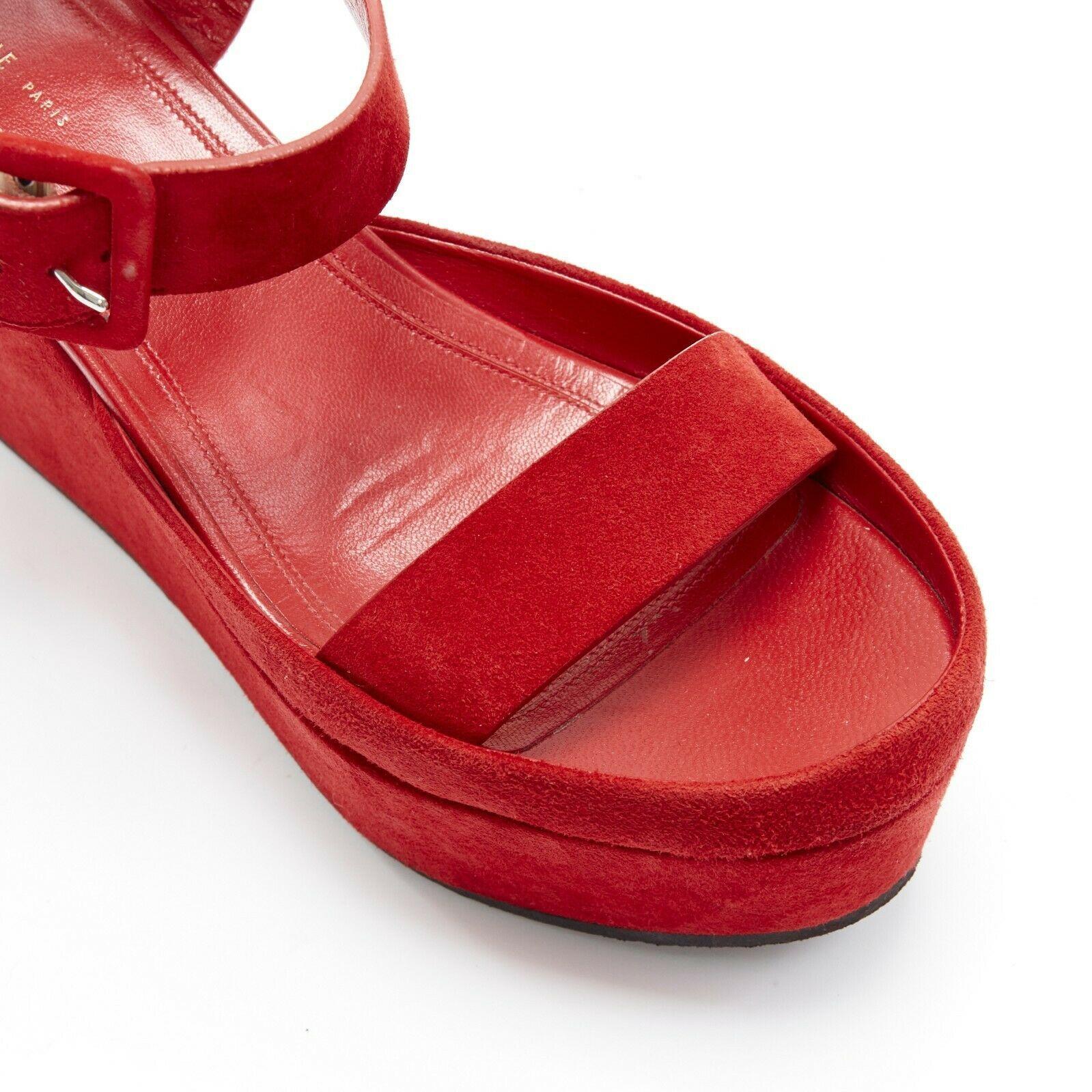 Women's CELINE PHOEBE PHILO red suede sunken footbed ankle strap platform sandals EU37
