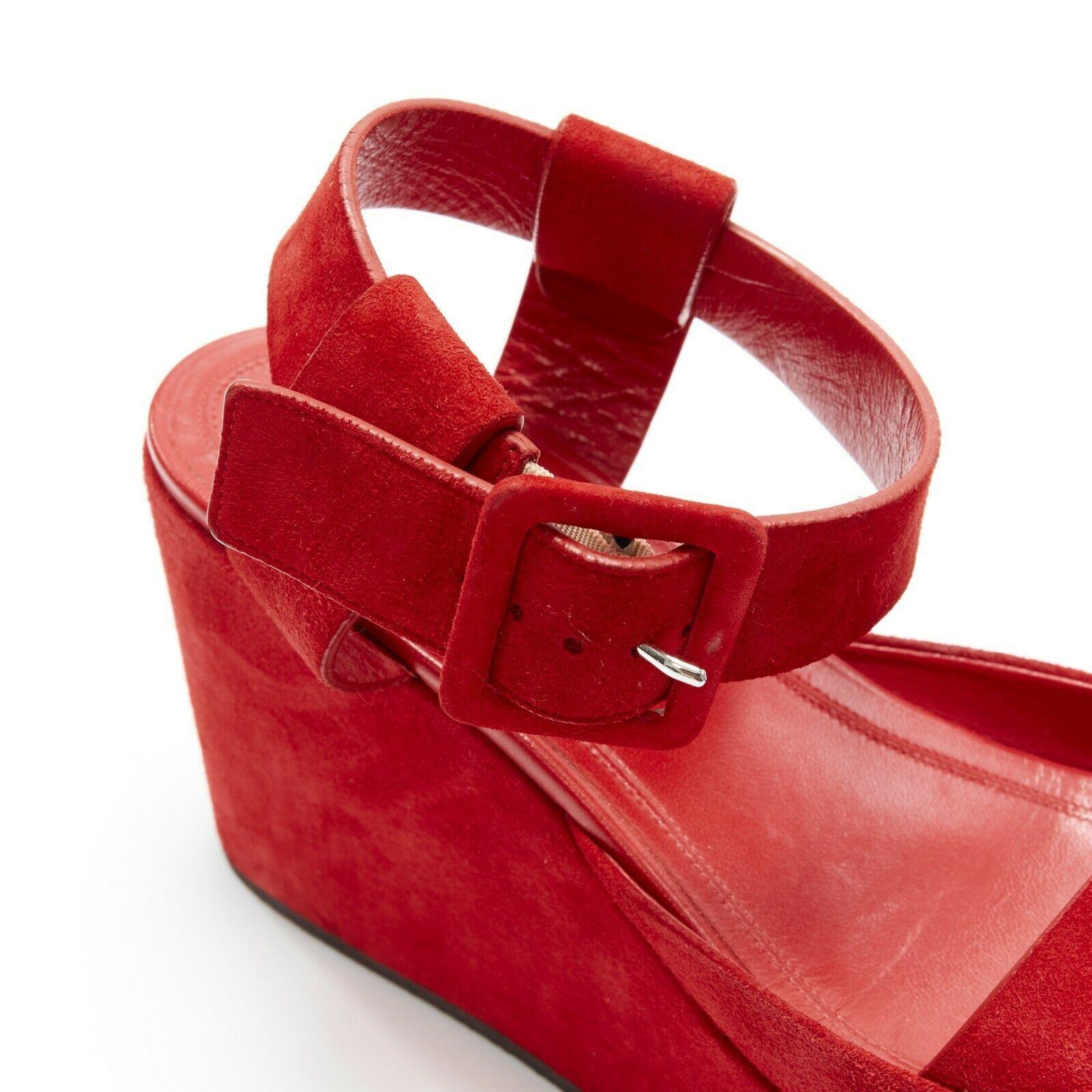 CELINE PHOEBE PHILO red suede sunken footbed ankle strap platform sandals EU37 1