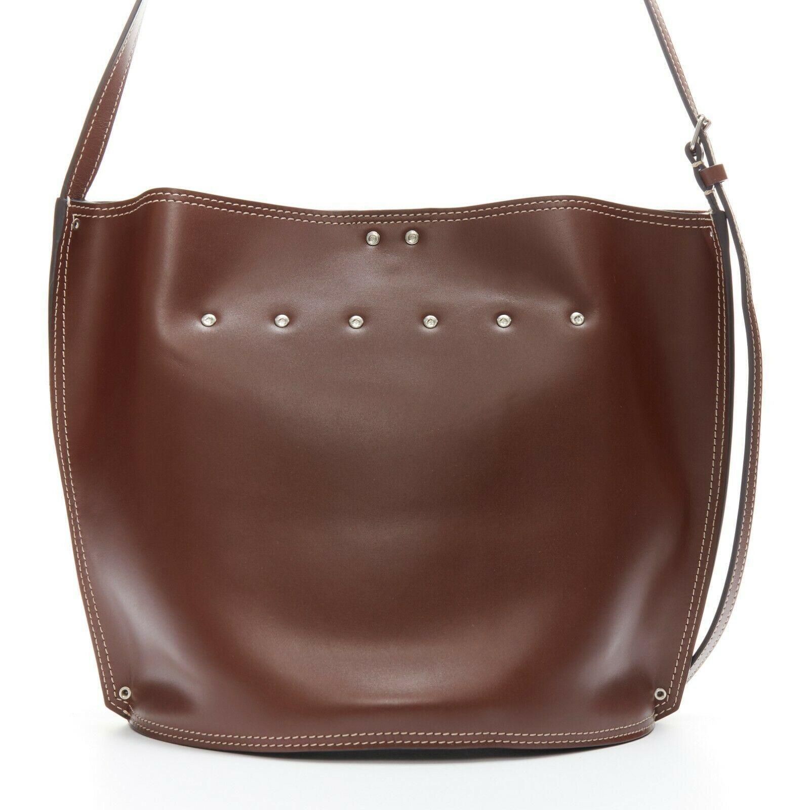 Brown CELINE PHOEBE PHILO SS18 brown leather overstitched studded shoulder bucket bag