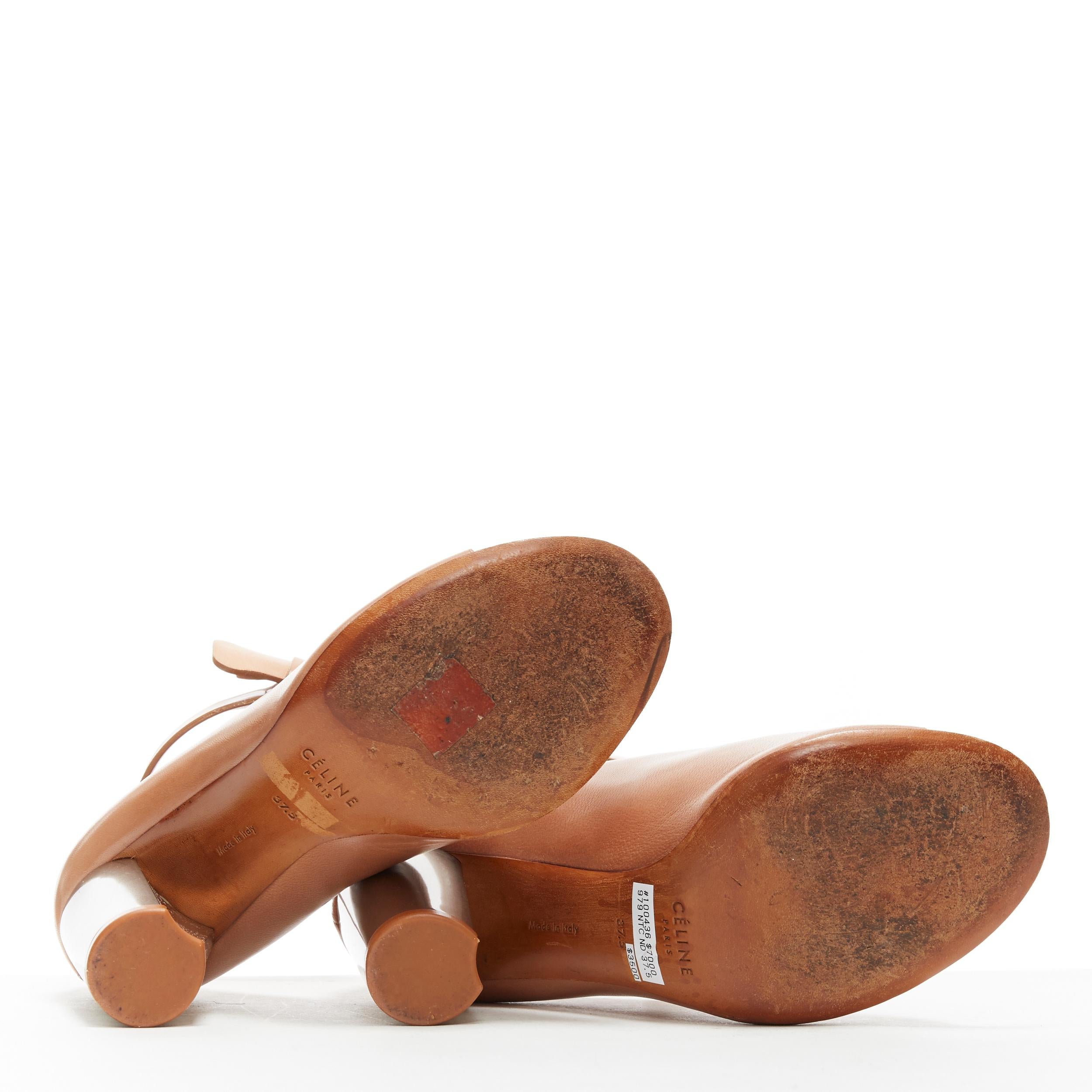 Brown CELINE PHOEBE PHILO tan brown leather open toe silver metal glove heel EU37.5