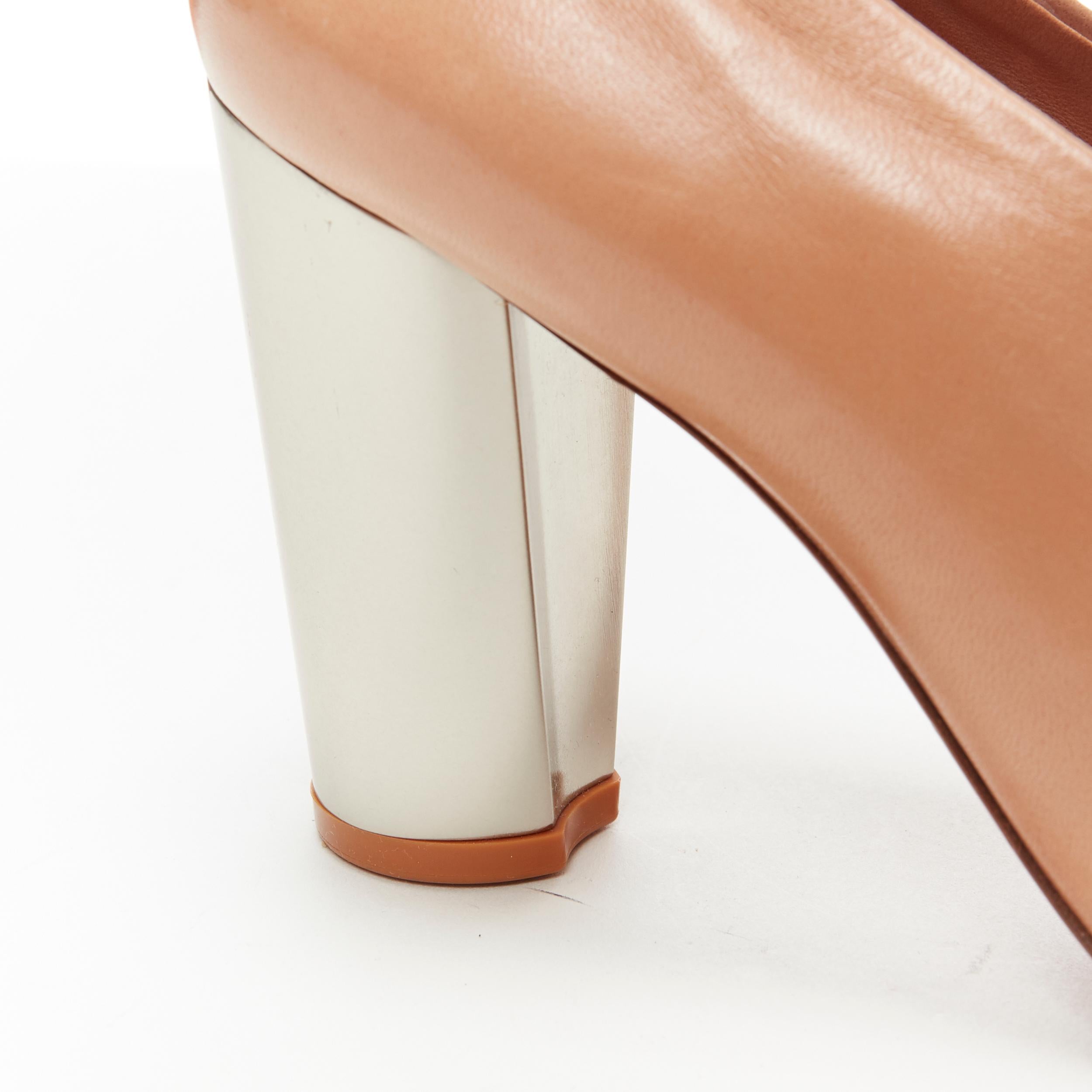 Women's CELINE PHOEBE PHILO tan brown leather open toe silver metal glove heel EU37.5