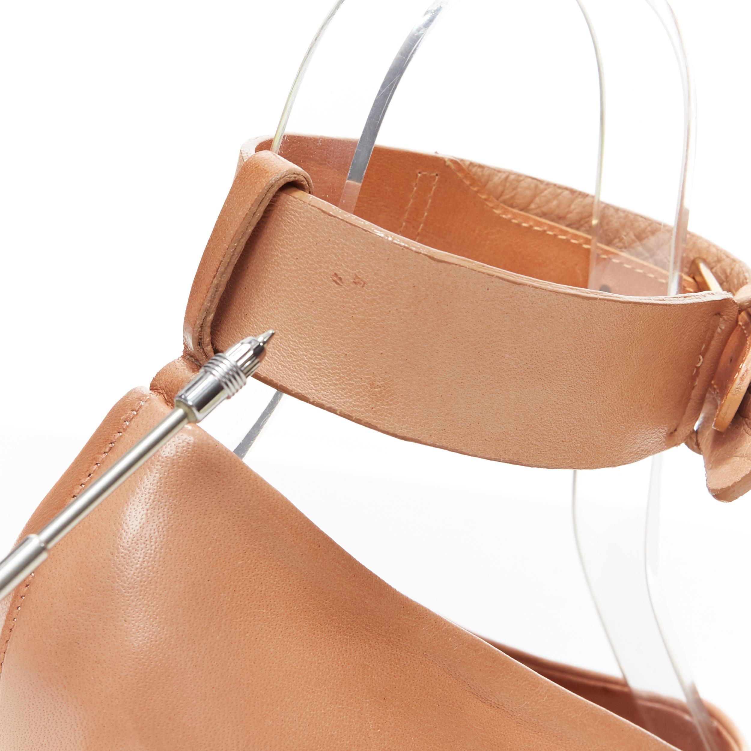 CELINE PHOEBE Philo in pelle marrone tan open toe con tacco a guanto in metallo argentato EU37.5 4