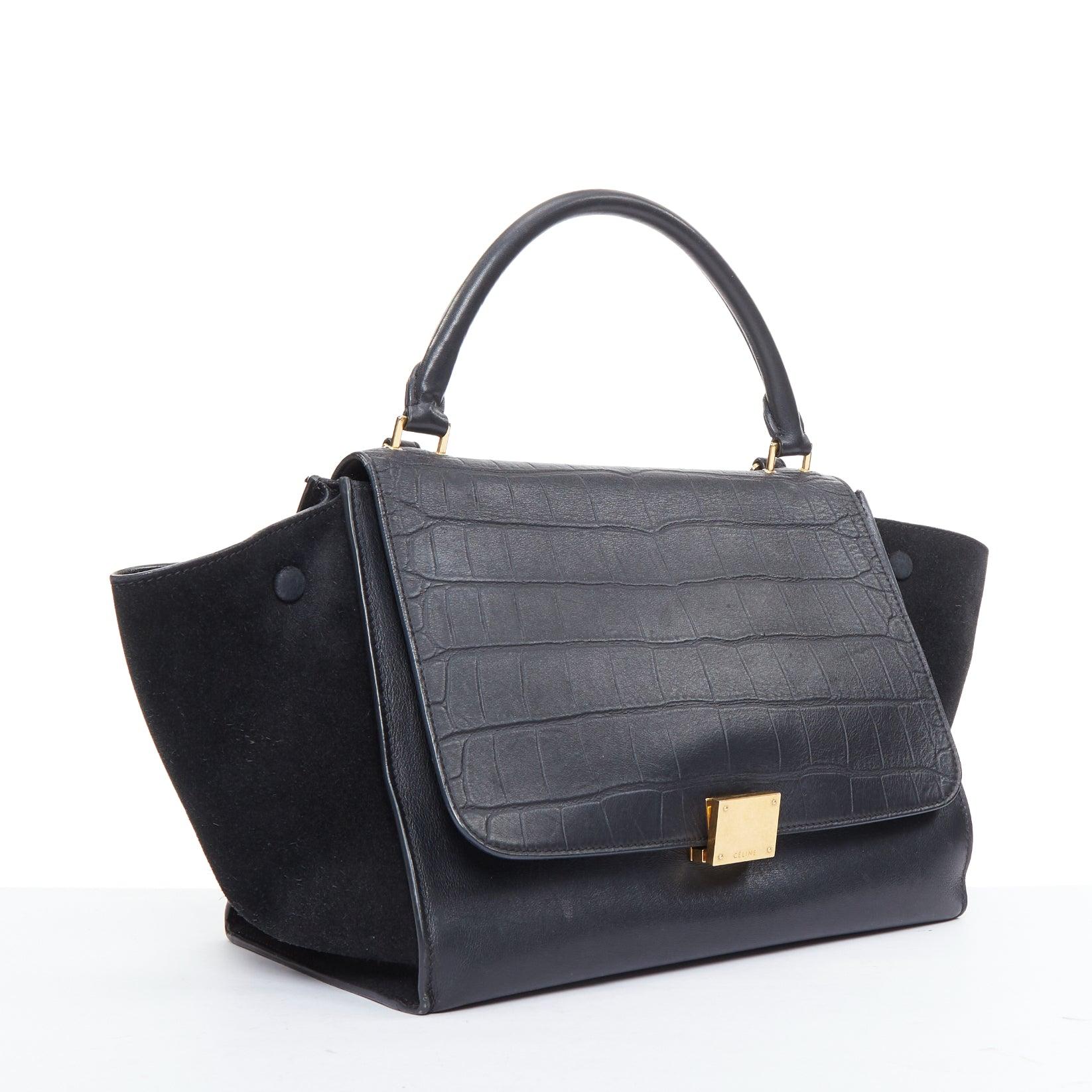 Grigio Celine Phoebe Philo Trapeze, borsa in finto coccodrillo nero con finiture dorate in vendita