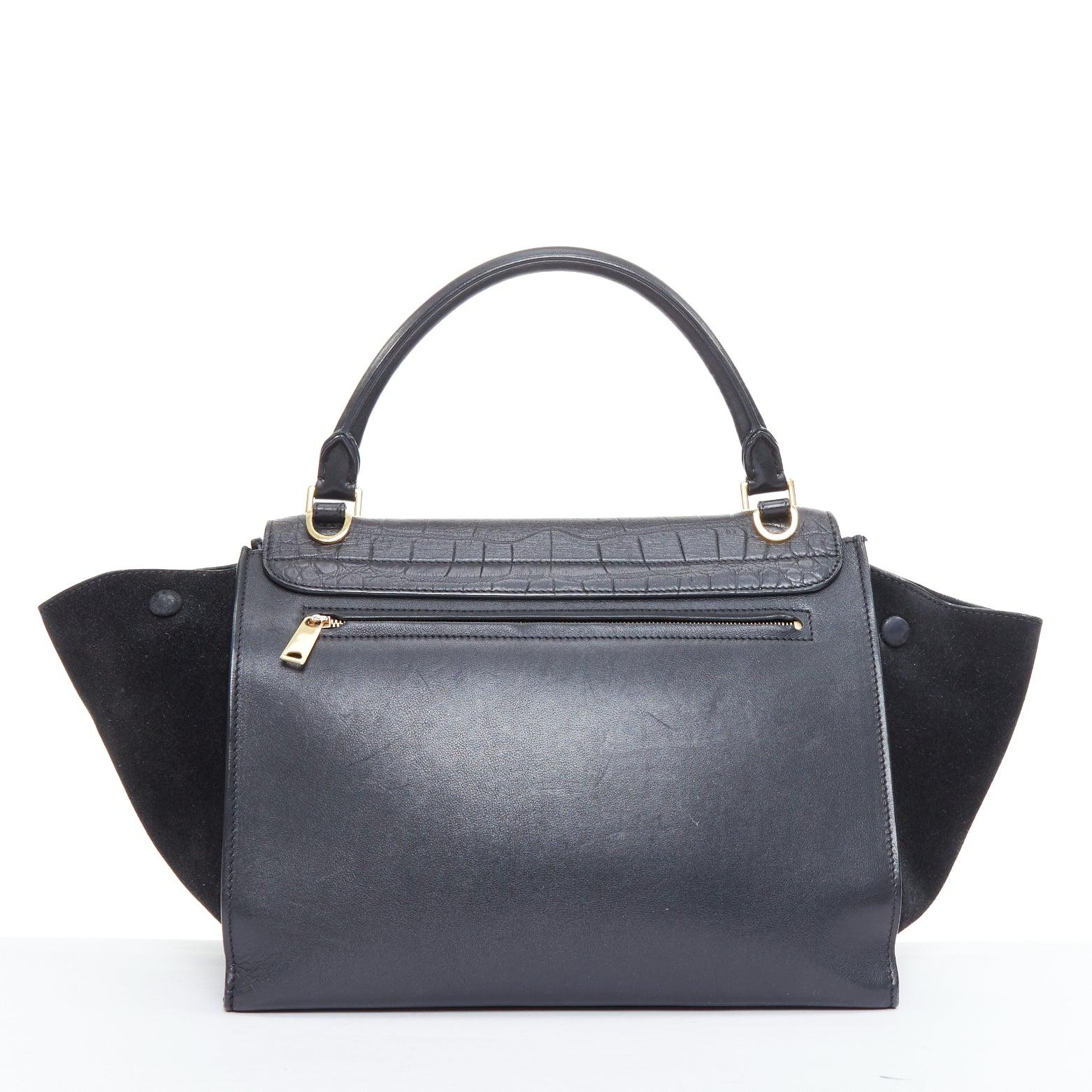 Donna Celine Phoebe Philo Trapeze, borsa in finto coccodrillo nero con finiture dorate in vendita