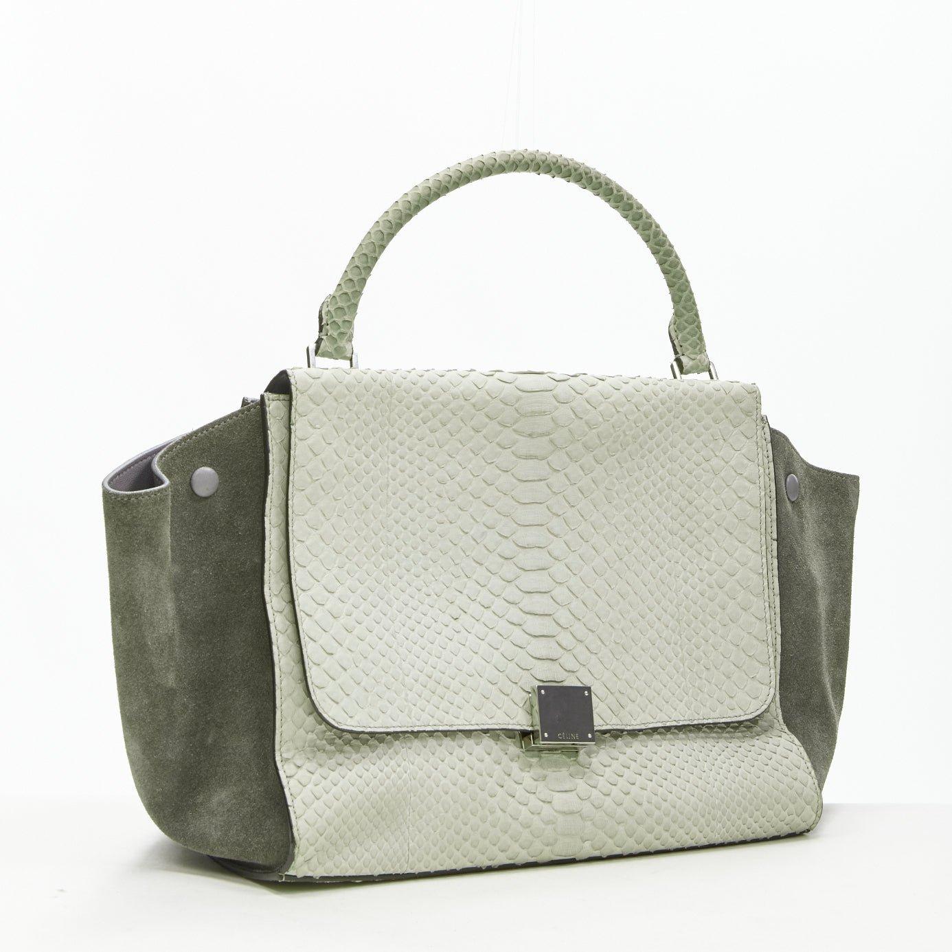 Gray CELINE Phoebe Philo Trapeze grey scaled leather suede flared flap satchel bag For Sale