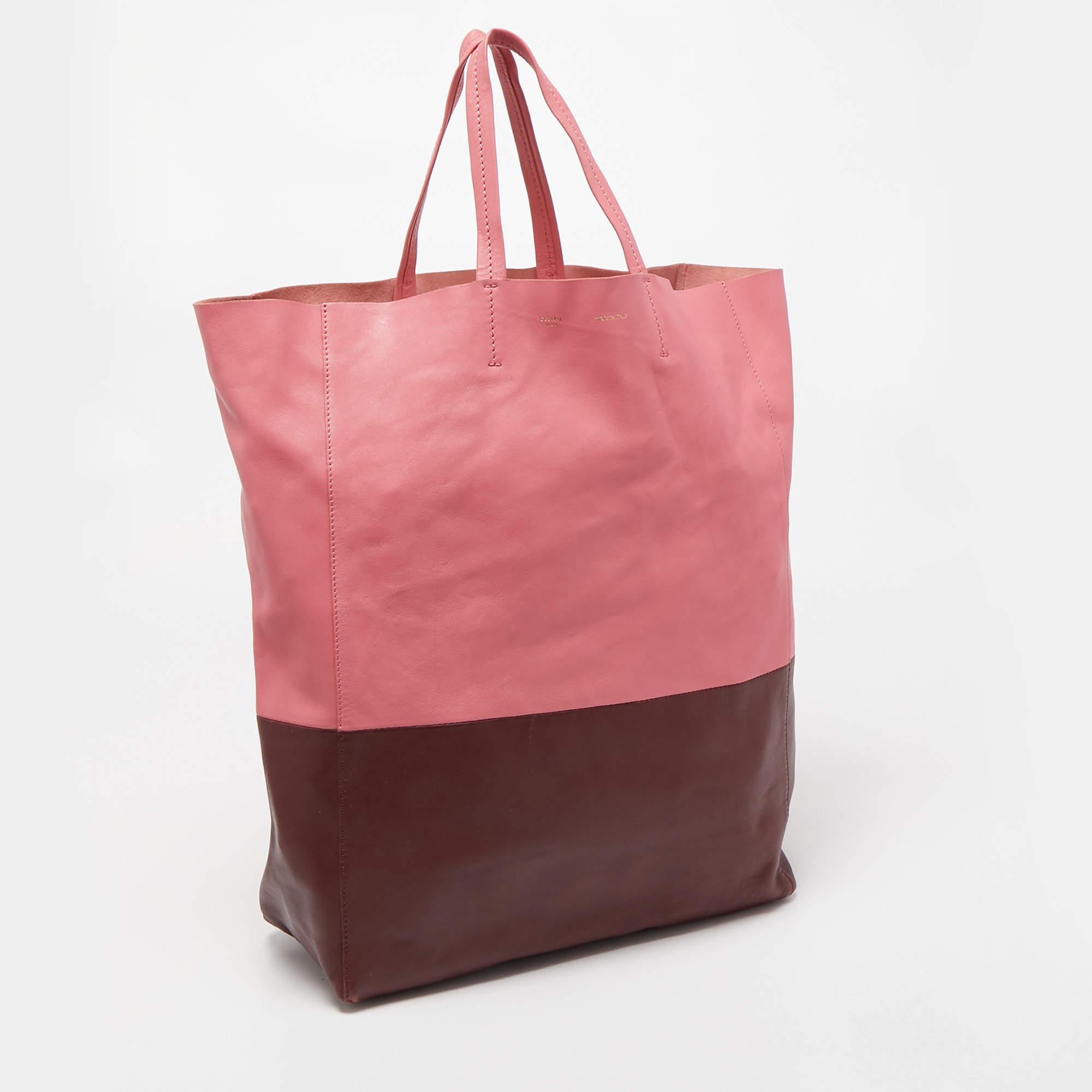 Celine Pink/Burgundy Leather Vertical Cabas Shopper Tote In Fair Condition For Sale In Dubai, Al Qouz 2