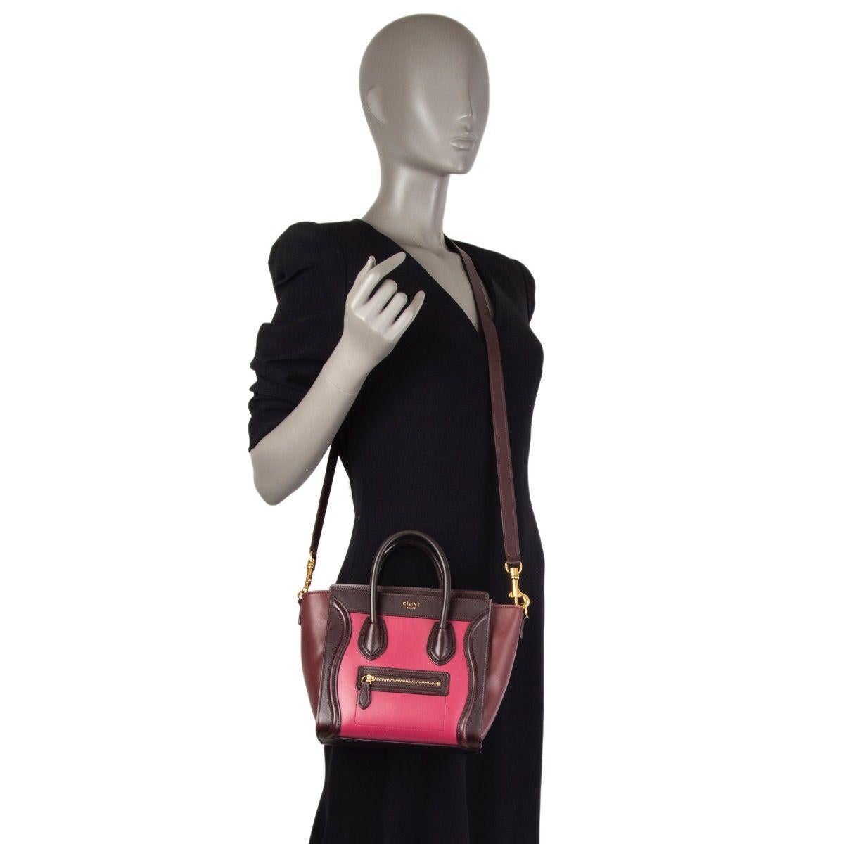 CELINE pink burgundy & maroon leather TRI-COLOR NANO LUGGAGE Tote Shoulder Bag In Good Condition In Zürich, CH