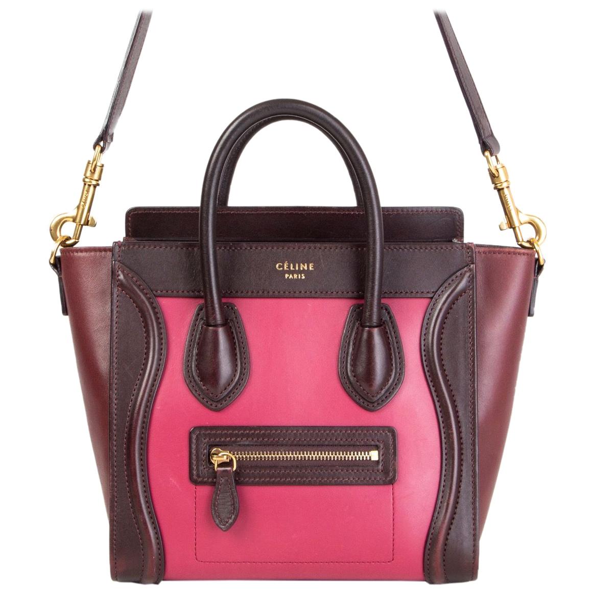 CELINE pink burgundy & maroon leather TRI-COLOR NANO LUGGAGE Tote Shoulder Bag