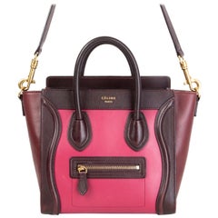 CELINE rosa burgundy & kastanienbraunes Leder TRI-COLOR NANO LUGGAGE Tote Umhängetasche