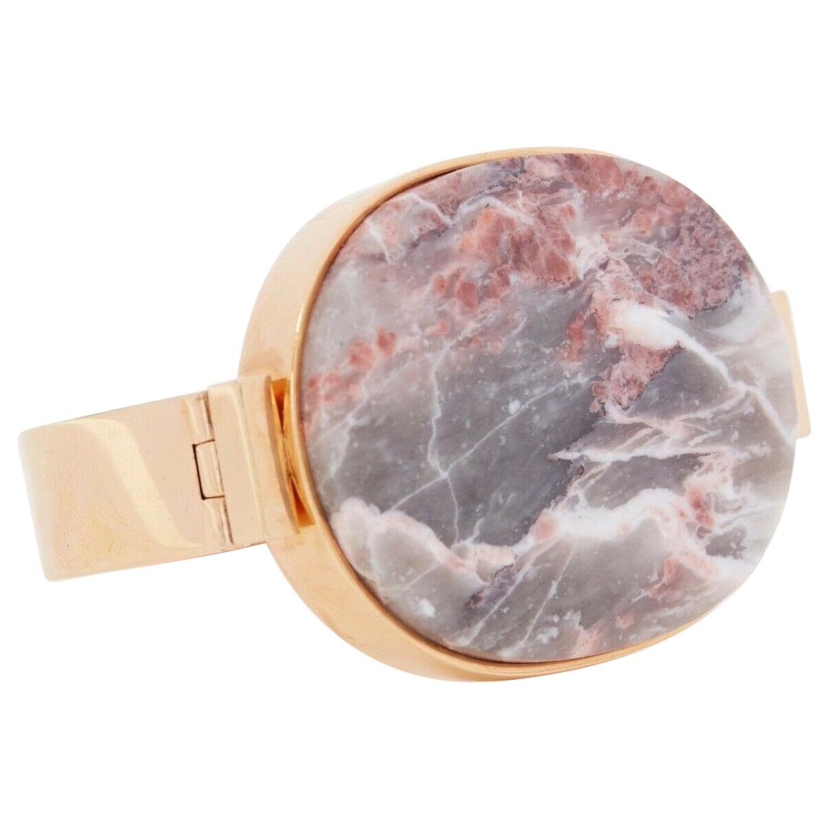 CELINE pink grey signet marble stone face gold-tone metal bracelet cuff bangle 